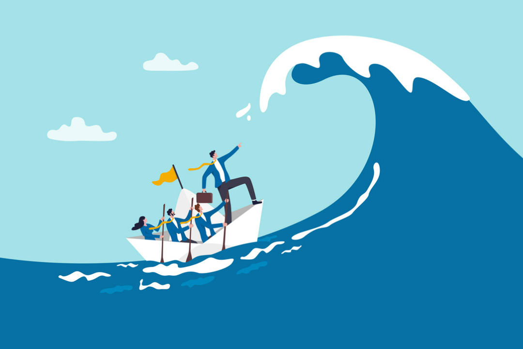 Illustration of a big blue wave an a small boat with 4 people braving the wave