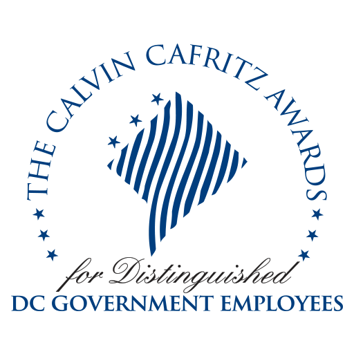 Logo-The Calvin Cafritz Awards for Distinguished DC Government Employees - Blue text on a white background
