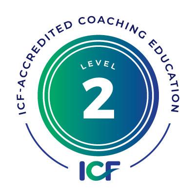 ICF Accredited Coaching Education graphic of text around a gradient colored circle with Level 2 overlaid